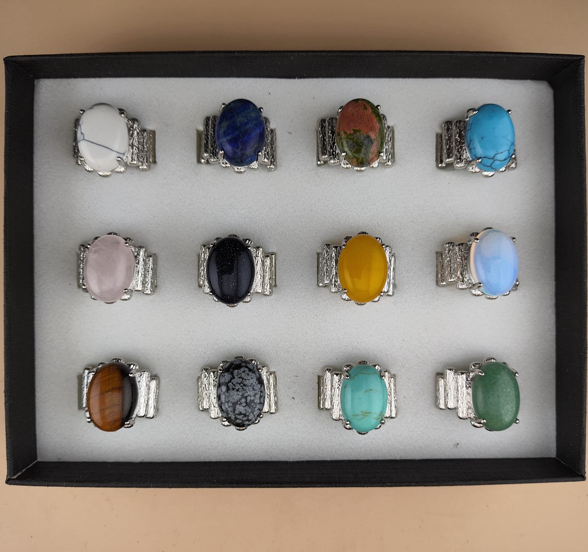 Silver Stone Rings for Women Men Adjustable 13x18MM Horse Eye Gemstone CAB SR0177S