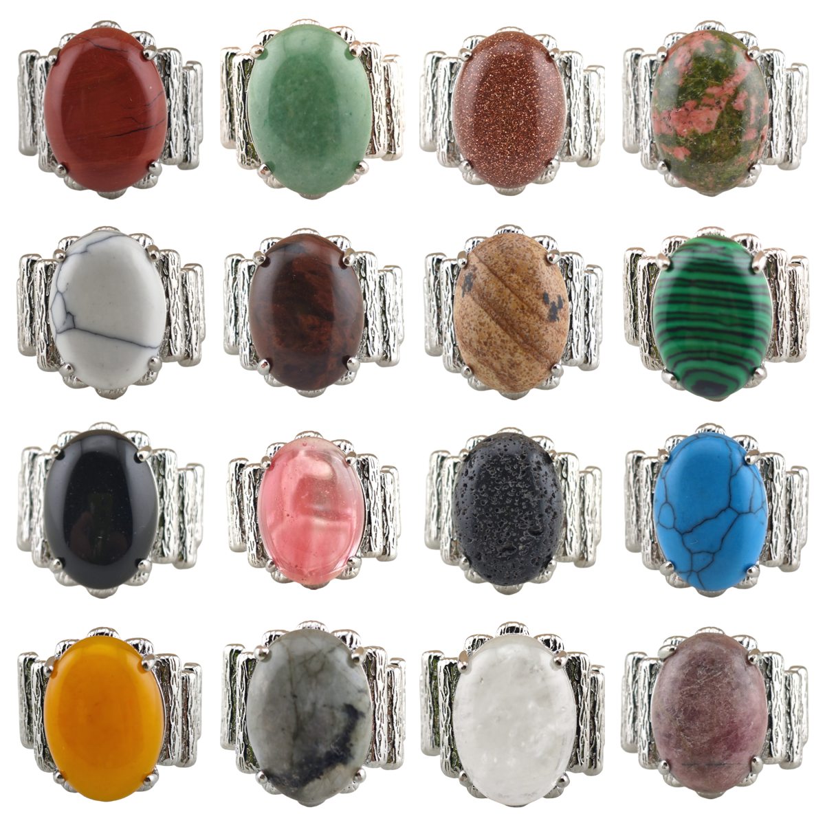 Silver Stone Rings for Women Men Adjustable 13x18MM Horse Eye Gemstone CAB SR0177S