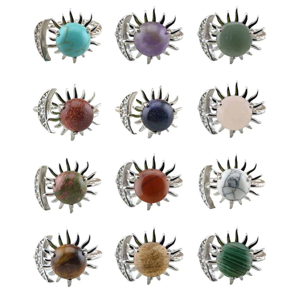 Silver Solar Stone Rings for Women Men Adjustable 10MM Gemstone Cabochons Sun Moon Rings SR0178S