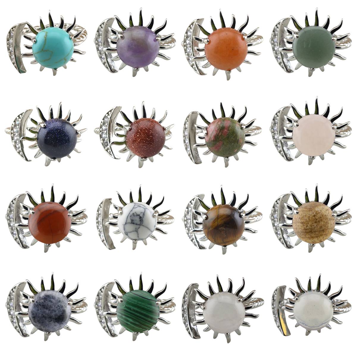 Silver Solar Stone Rings for Women Men Adjustable 10MM Gemstone Cabochons Sun Moon Rings SR0178S