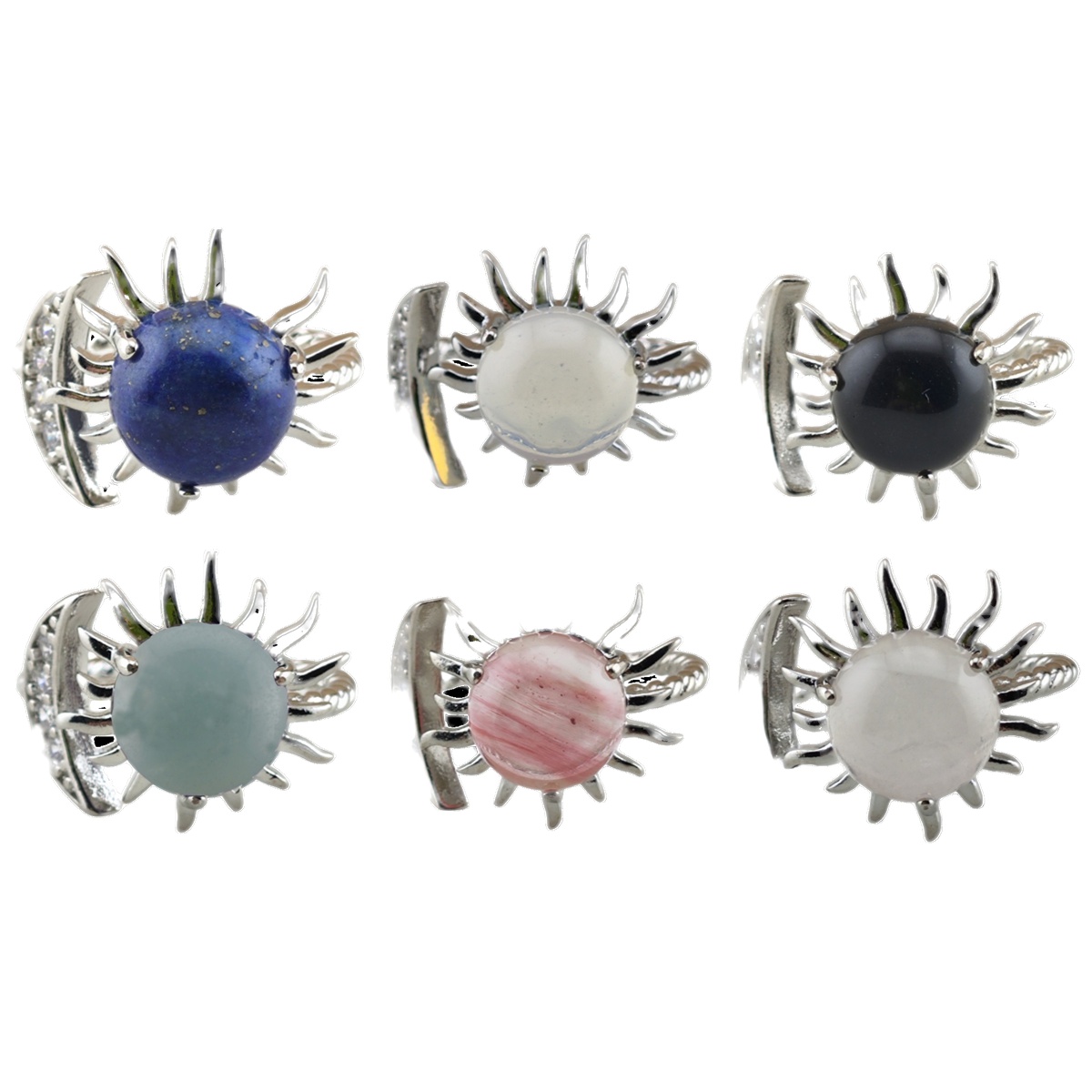 Silver Solar Stone Rings for Women Men Adjustable 10MM Gemstone Cabochons Sun Moon Rings SR0178S