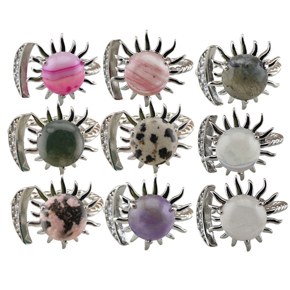 Silver Solar Stone Rings for Women Men Adjustable 10MM Gemstone Cabochons Sun Moon Rings SR0178S