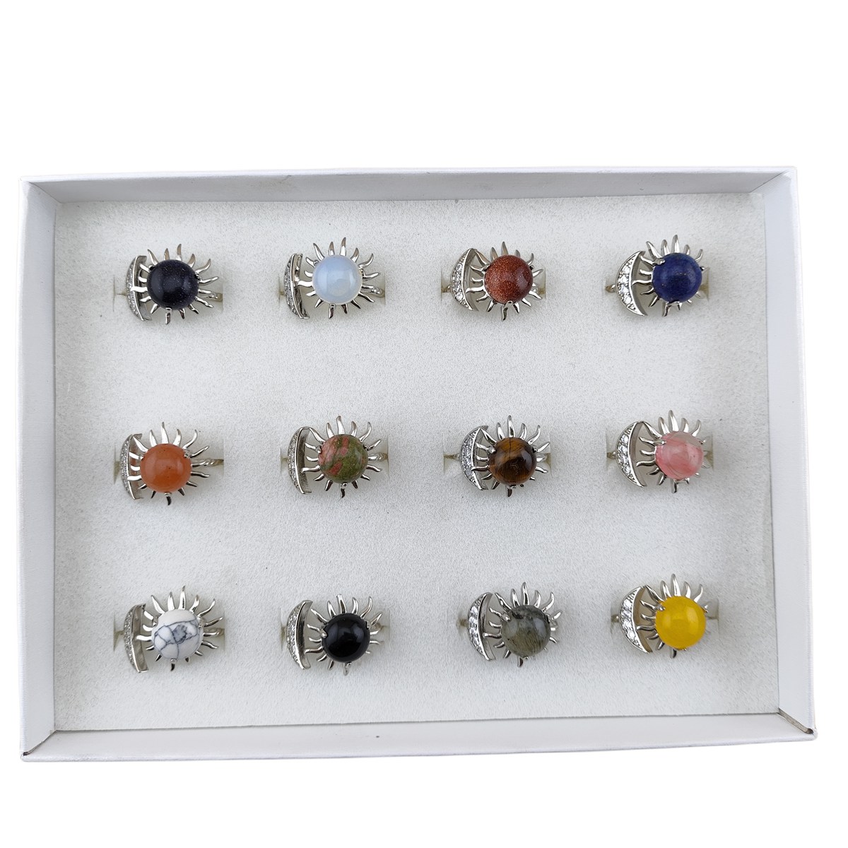 Silver Solar Stone Rings for Women Men Adjustable 10MM Gemstone Cabochons Sun Moon Rings SR0178S