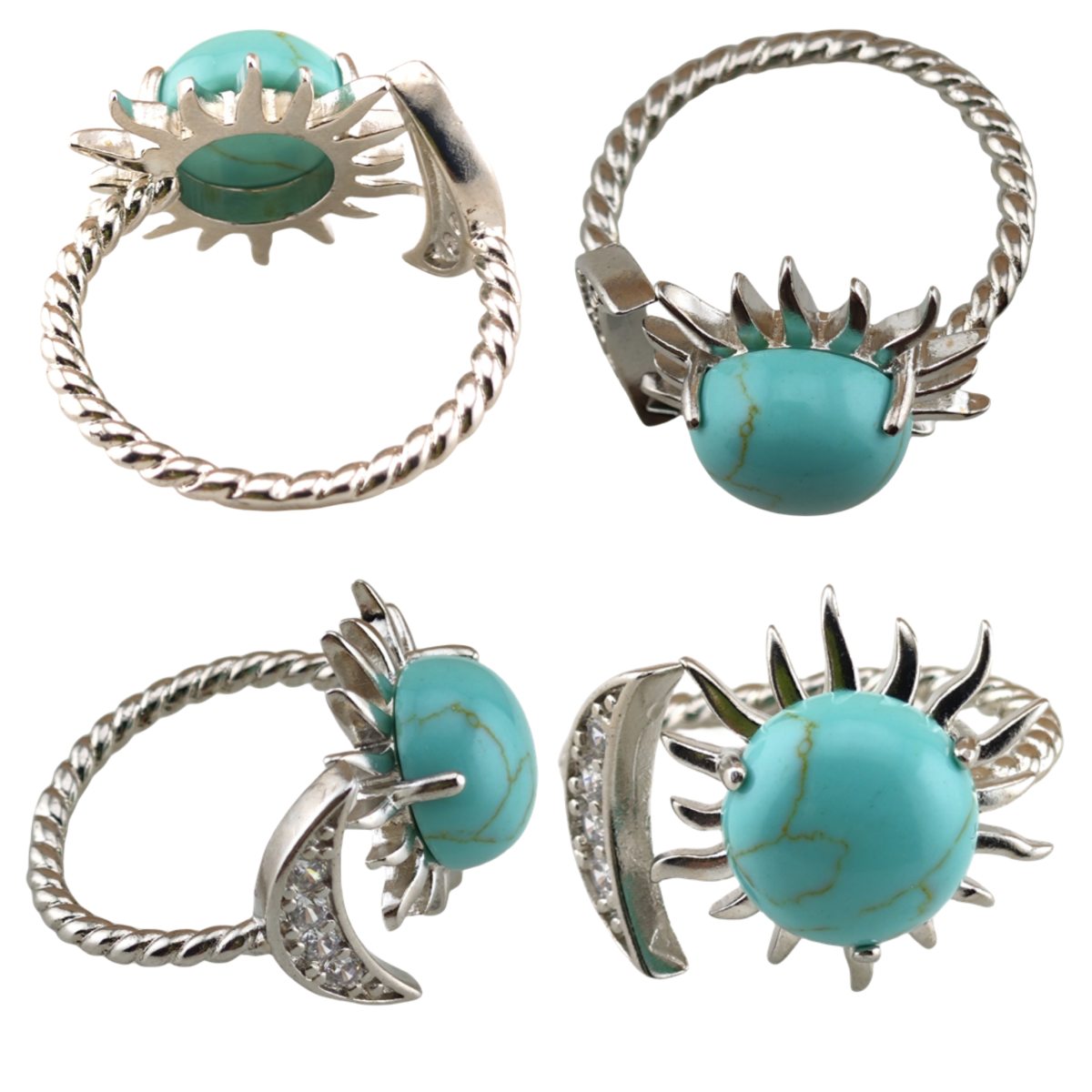 Silver Solar Stone Rings for Women Men Adjustable 10MM Gemstone Cabochons Sun Moon Rings SR0178S