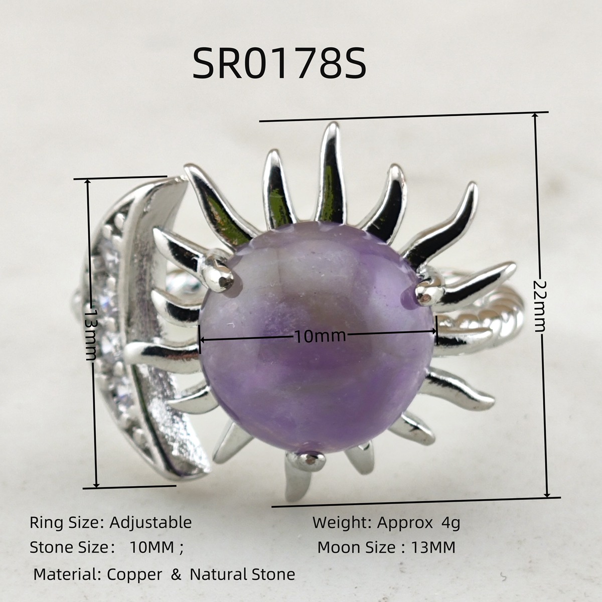 Silver Solar Stone Rings for Women Men Adjustable 10MM Gemstone Cabochons Sun Moon Rings SR0178S