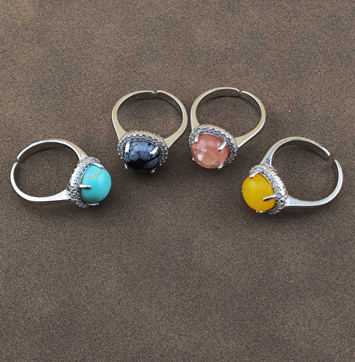 Silver Stone Rings for Women Girl Adjustable 10MM Gemstone Cabochons CZ Rhinestone Rings SR0179S