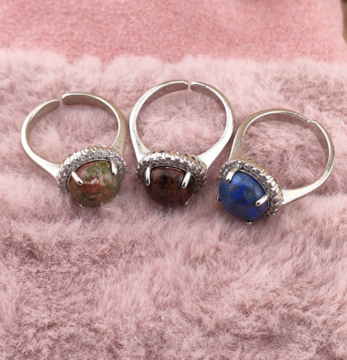 Silver Stone Rings for Women Girl Adjustable 10MM Gemstone Cabochons CZ Rhinestone Rings SR0179S