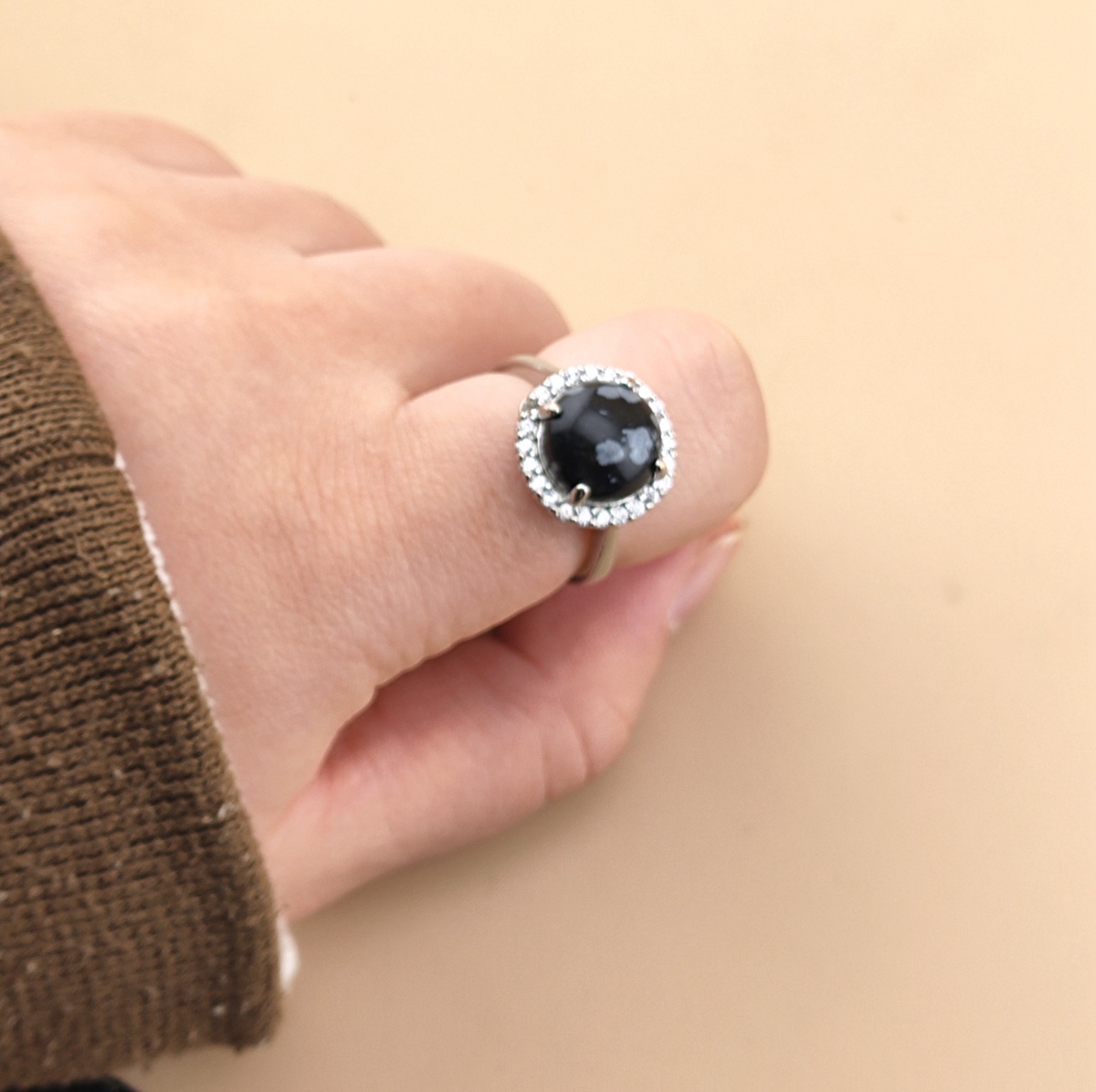 Silver Stone Rings for Women Girl Adjustable 10MM Gemstone Cabochons CZ Rhinestone Rings SR0179S