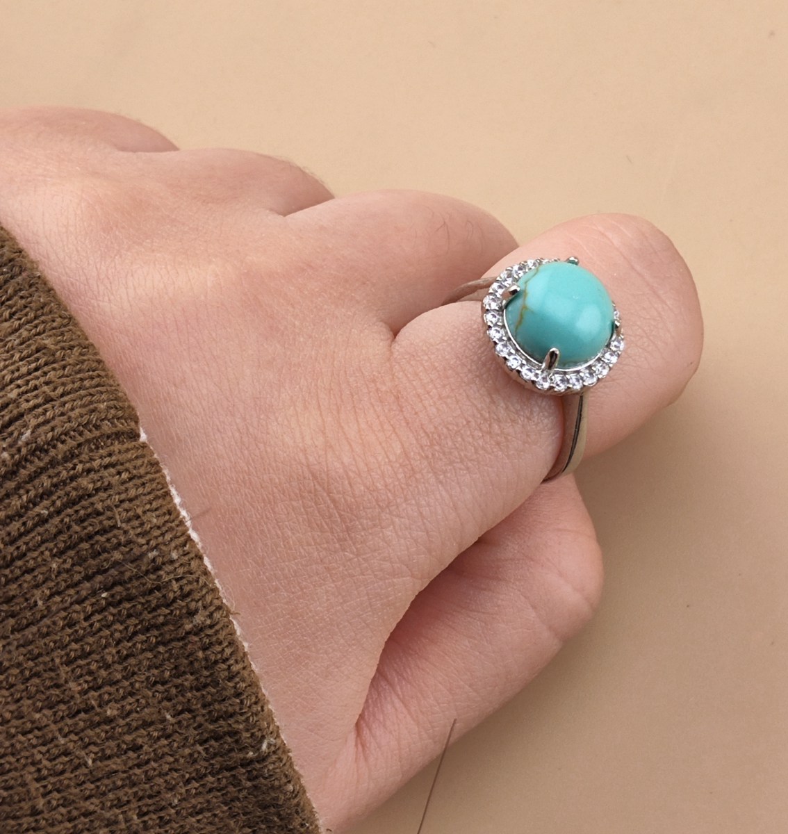 Silver Stone Rings for Women Girl Adjustable 10MM Gemstone Cabochons CZ Rhinestone Rings SR0179S