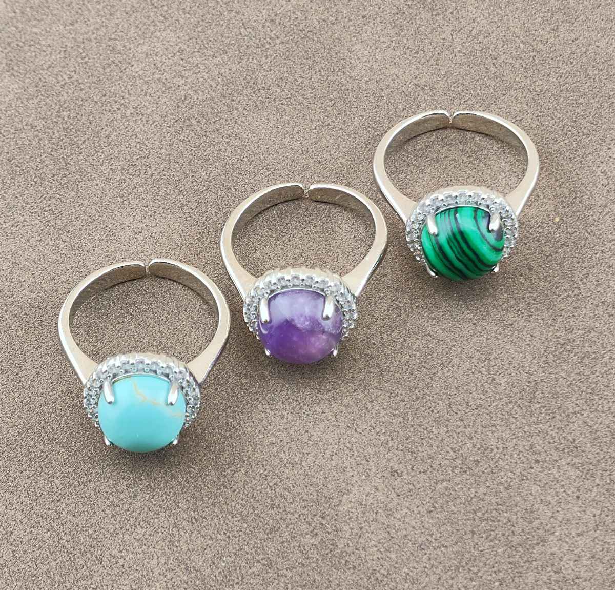 Silver Stone Rings for Women Girl Adjustable 10MM Gemstone Cabochons CZ Rhinestone Rings SR0179S