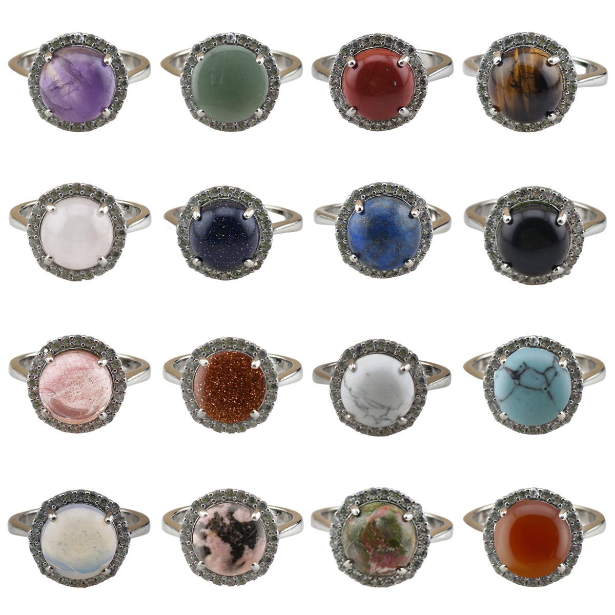 Silver Stone Rings for Women Girl Adjustable 10MM Gemstone Cabochons CZ Rhinestone Rings SR0179S