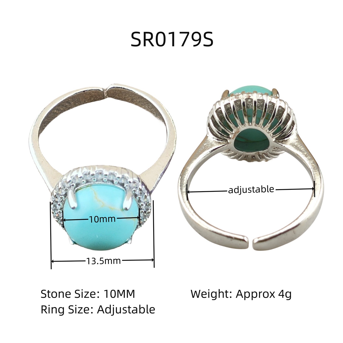 Silver Stone Rings for Women Girl Adjustable 10MM Gemstone Cabochons CZ Rhinestone Rings SR0179S