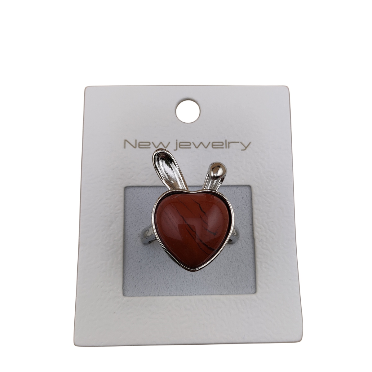 Silver Rabbit Stone Rings for Women Girl Adjustable 15MM Heart Gemstone Cabochons Rings SR0180S