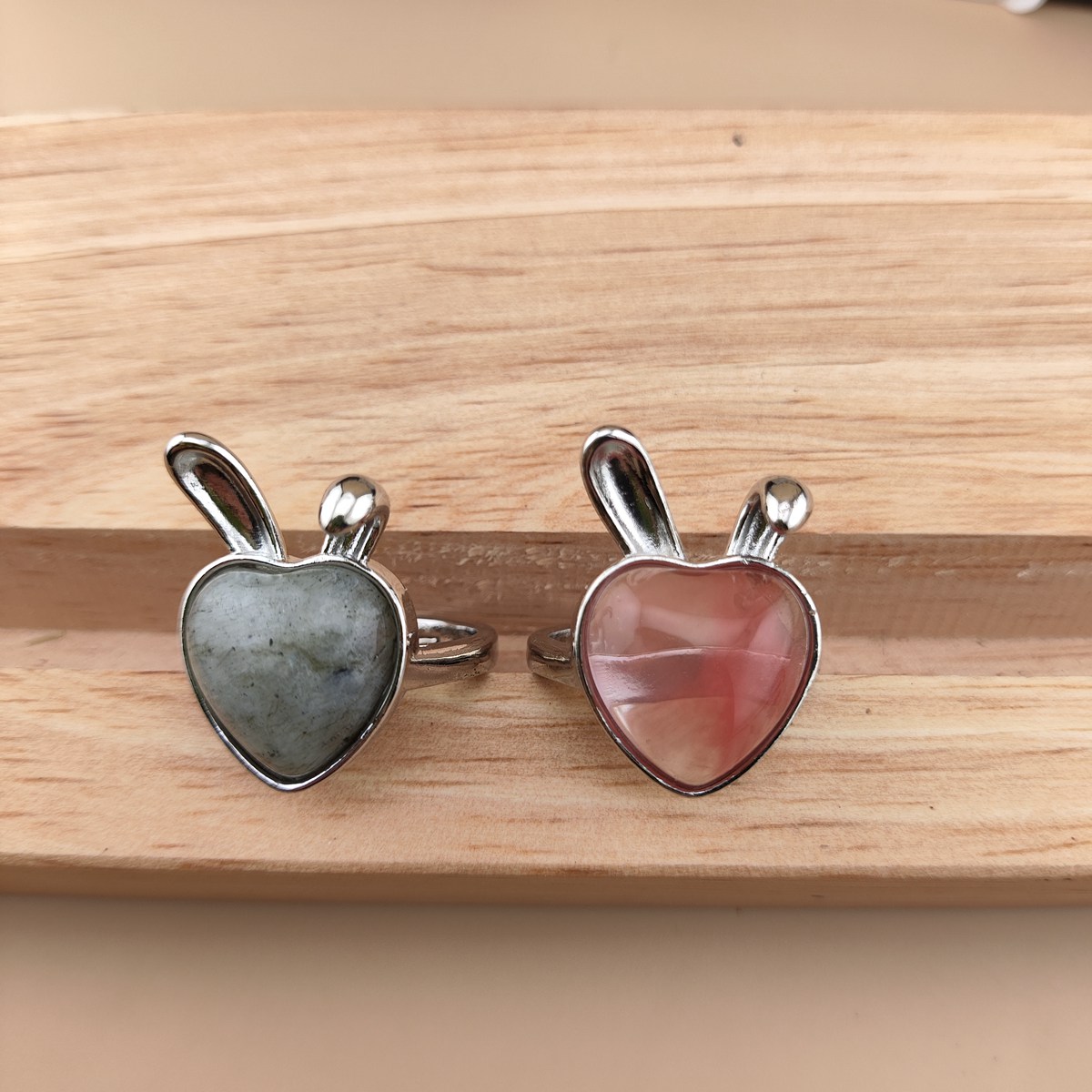 Silver Rabbit Stone Rings for Women Girl Adjustable 15MM Heart Gemstone Cabochons Rings SR0180S