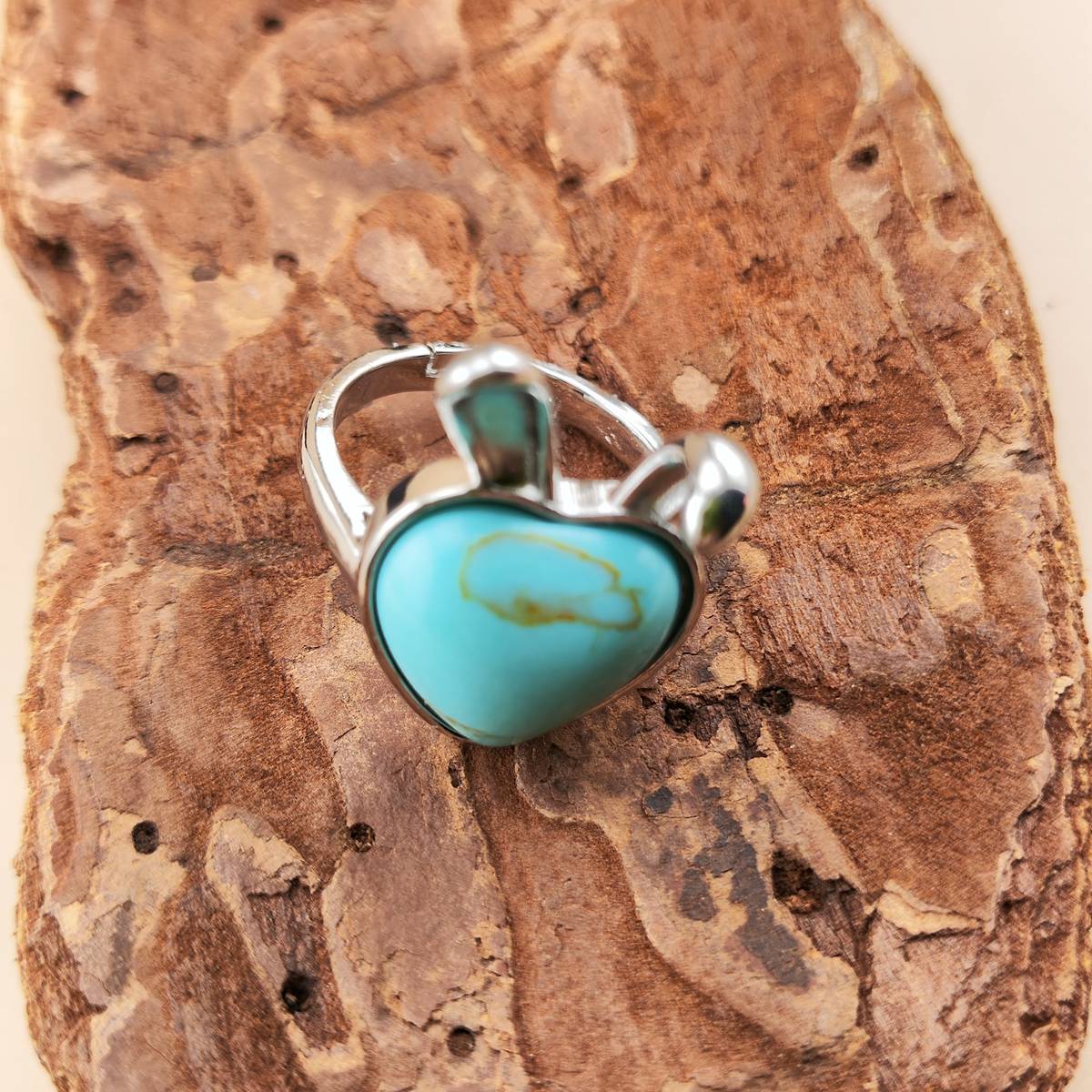 Silver Rabbit Stone Rings for Women Girl Adjustable 15MM Heart Gemstone Cabochons Rings SR0180S