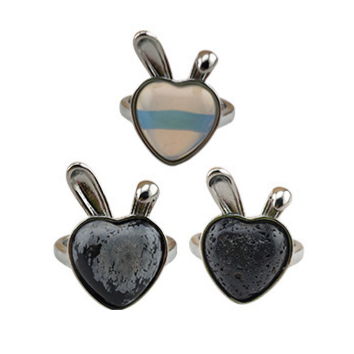 Silver Rabbit Stone Rings for Women Girl Adjustable 15MM Heart Gemstone Cabochons Rings SR0180S