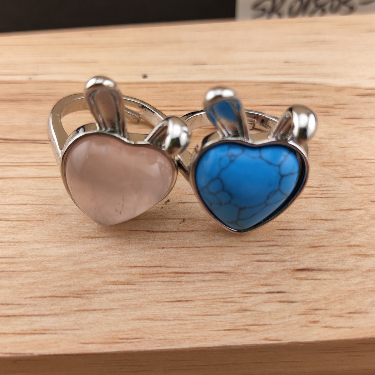 Silver Rabbit Stone Rings for Women Girl Adjustable 15MM Heart Gemstone Cabochons Rings SR0180S
