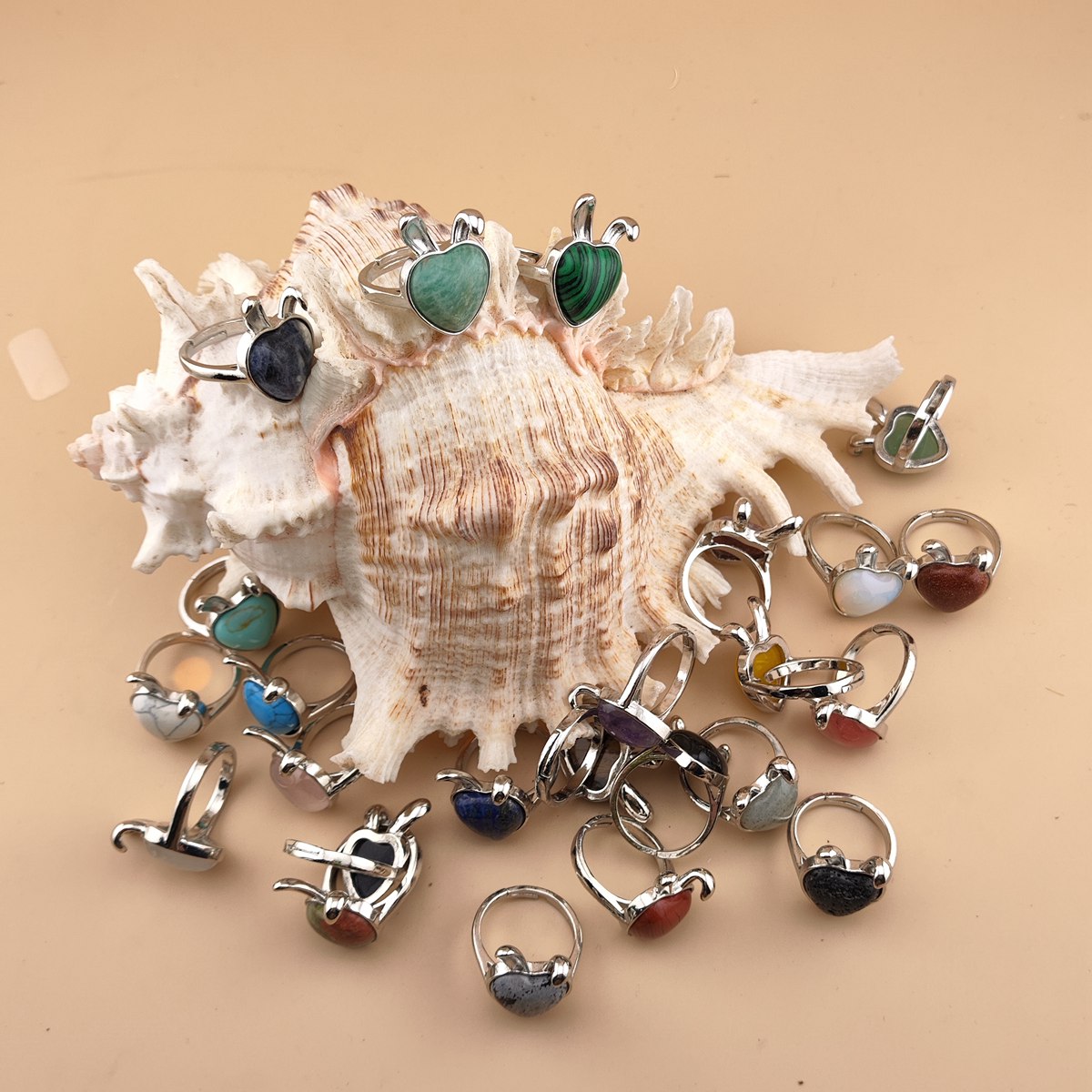 Silver Rabbit Stone Rings for Women Girl Adjustable 15MM Heart Gemstone Cabochons Rings SR0180S