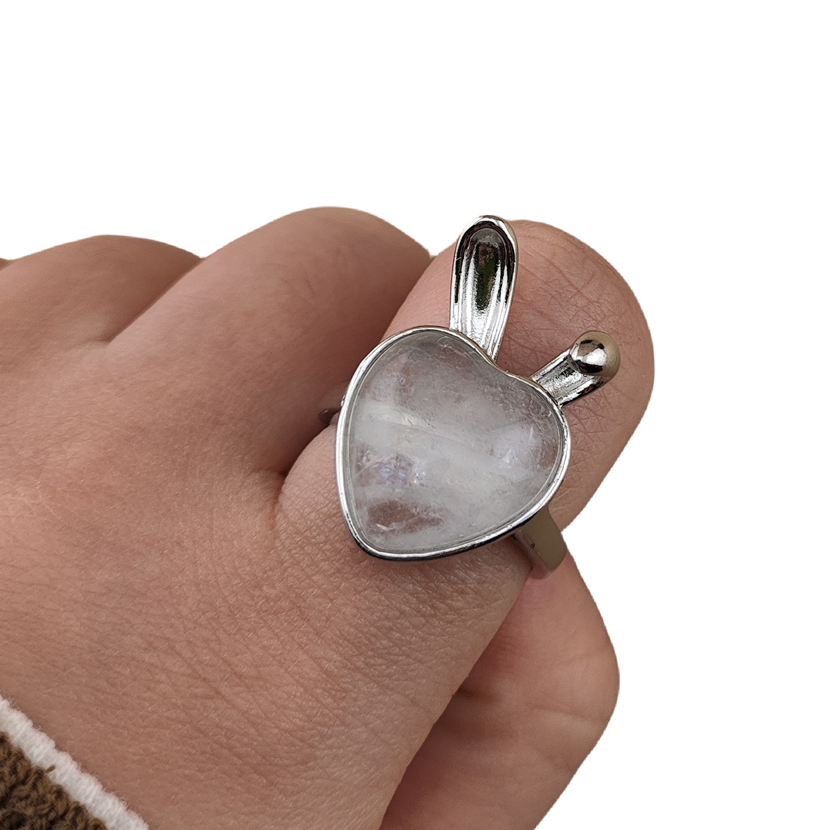 Silver Rabbit Stone Rings for Women Girl Adjustable 15MM Heart Gemstone Cabochons Rings SR0180S