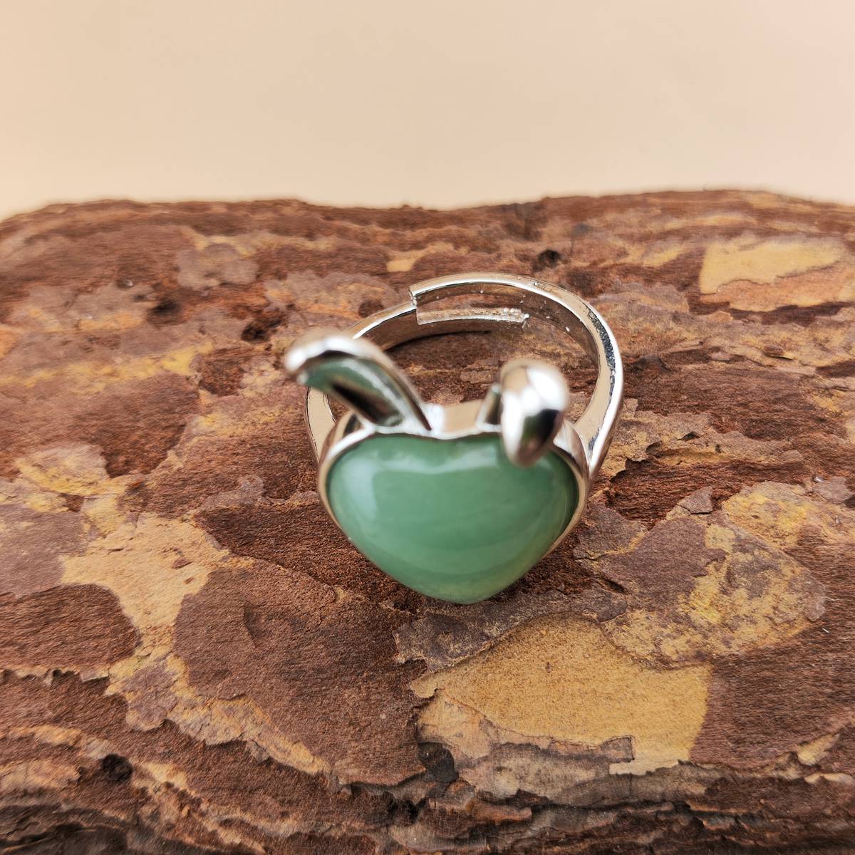 Silver Rabbit Stone Rings for Women Girl Adjustable 15MM Heart Gemstone Cabochons Rings SR0180S