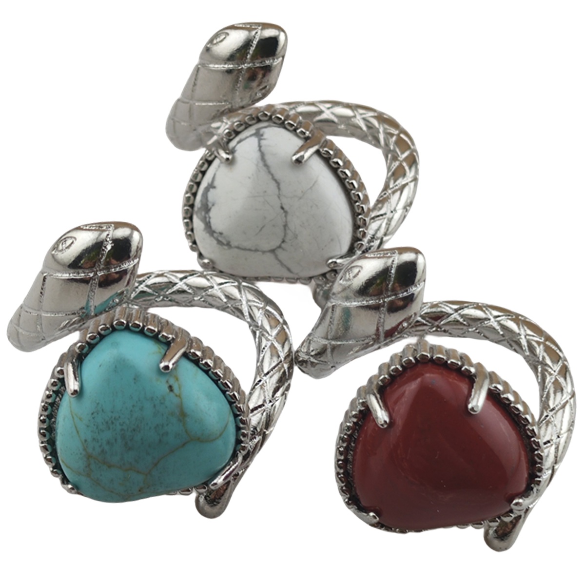 Silver Snake Stone Rings for Women Girl Adjustable 15MM Heart Gemstone Cabochons Rings SR0181S
