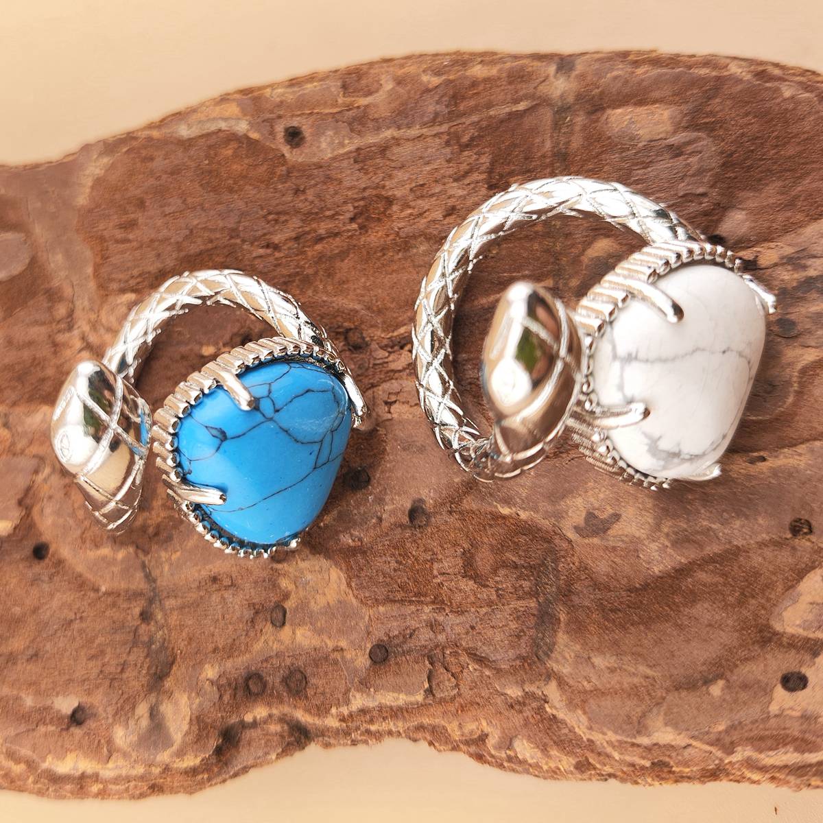 Silver Snake Stone Rings for Women Girl Adjustable 15MM Heart Gemstone Cabochons Rings SR0181S