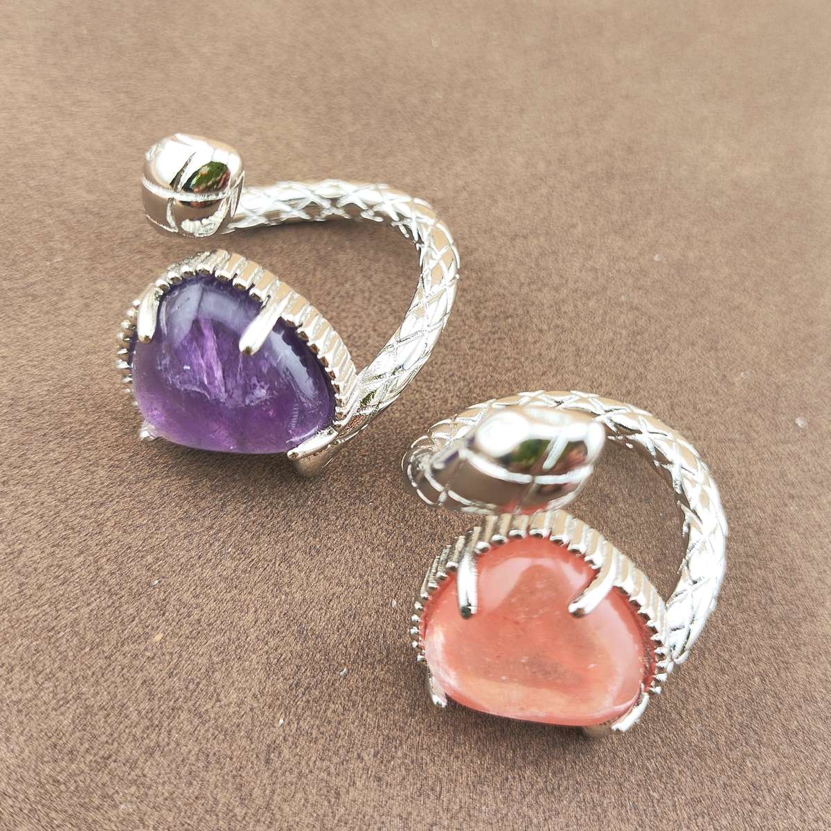 Silver Snake Stone Rings for Women Girl Adjustable 15MM Heart Gemstone Cabochons Rings SR0181S