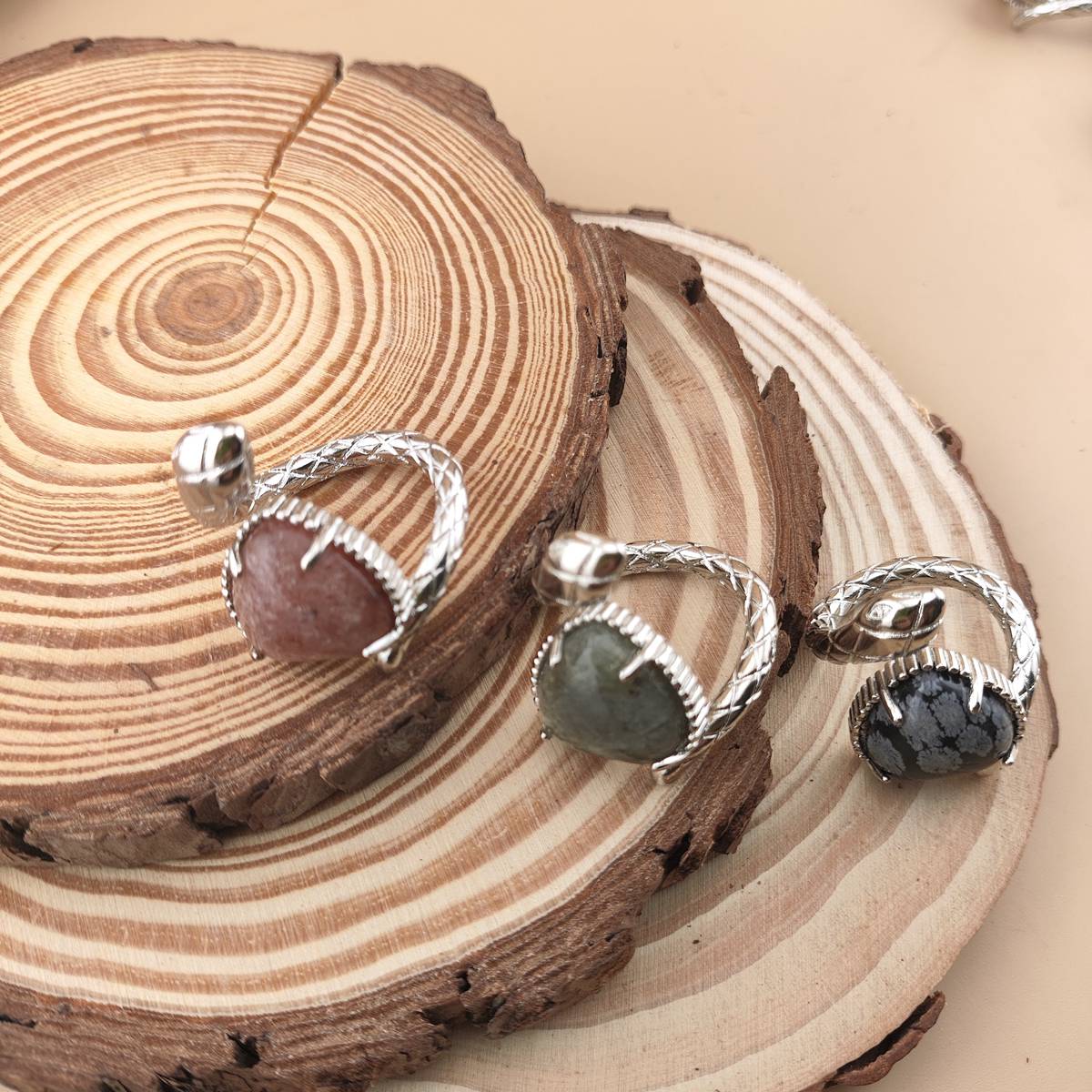 Silver Snake Stone Rings for Women Girl Adjustable 15MM Heart Gemstone Cabochons Rings SR0181S