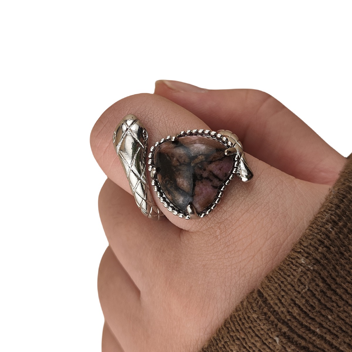 Silver Snake Stone Rings for Women Girl Adjustable 15MM Heart Gemstone Cabochons Rings SR0181S