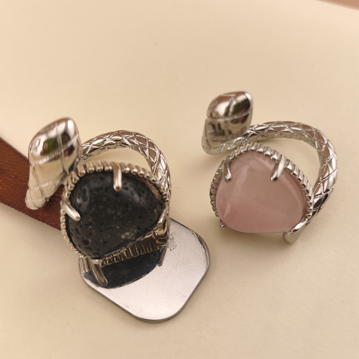 Silver Snake Stone Rings for Women Girl Adjustable 15MM Heart Gemstone Cabochons Rings SR0181S