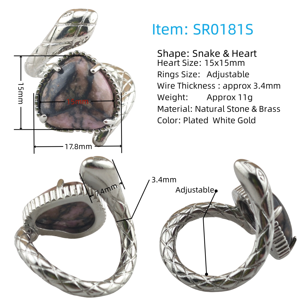 Silver Snake Stone Rings for Women Girl Adjustable 15MM Heart Gemstone Cabochons Rings SR0181S
