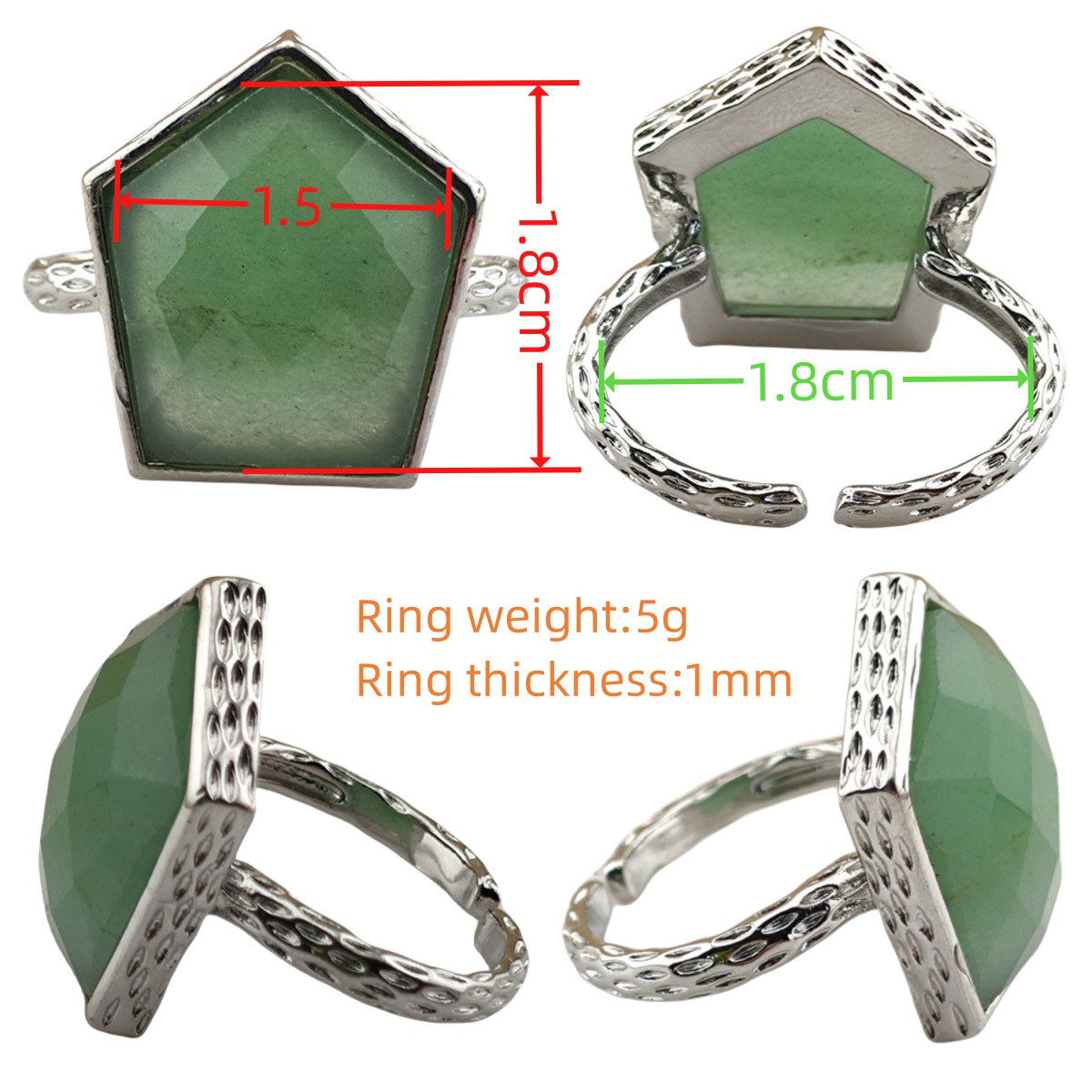 Adjustable Silver Stone Rings 15X18MM Faceted Pentagon Gemstone Cabochon SR0182S