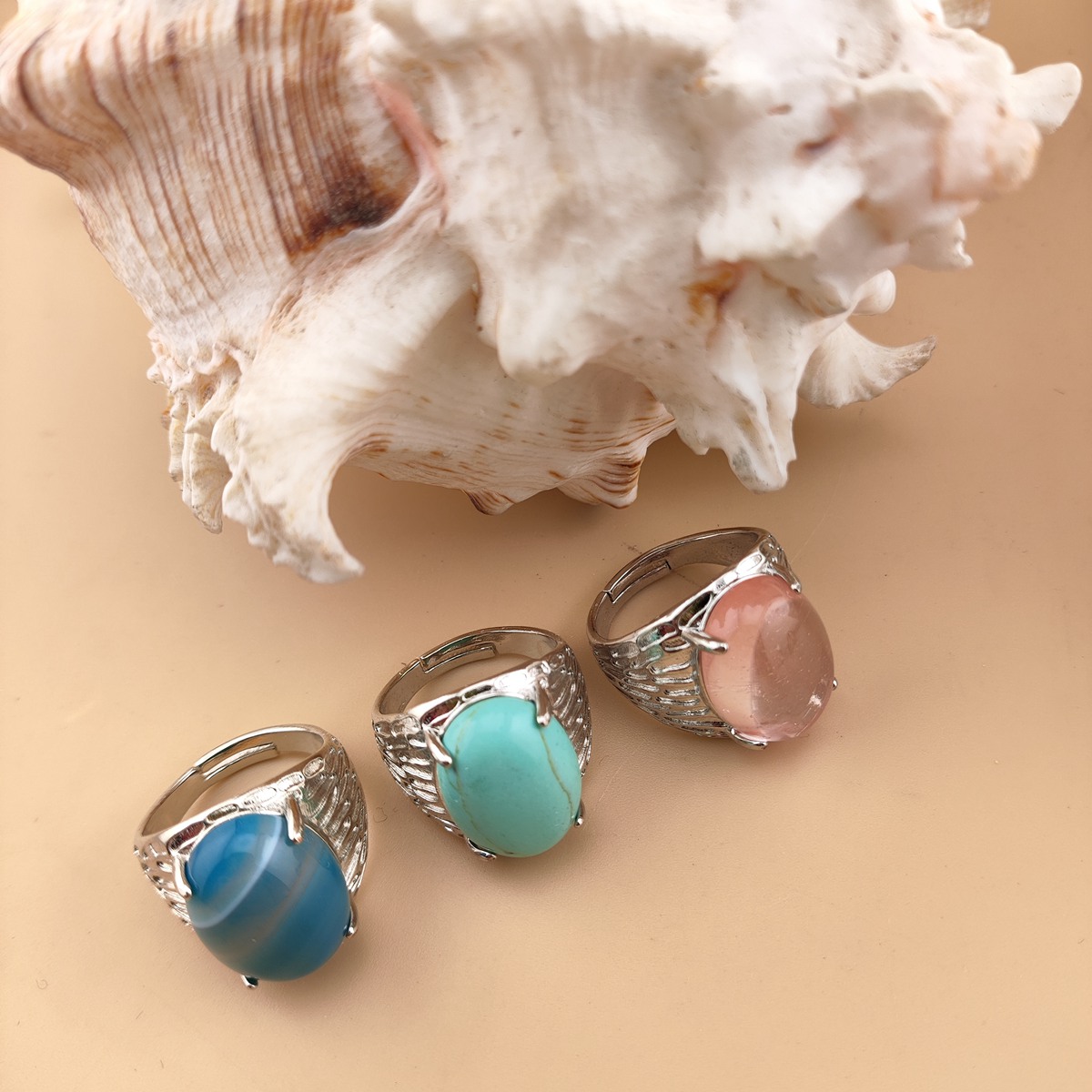 Silver Stone Rings for Women Men Adjustable 13x18MM Oval Gemstone CAB SR0183S