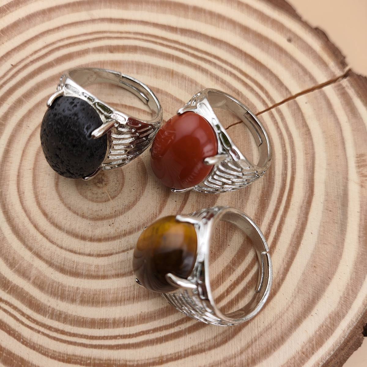 Silver Stone Rings for Women Men Adjustable 13x18MM Oval Gemstone CAB SR0183S