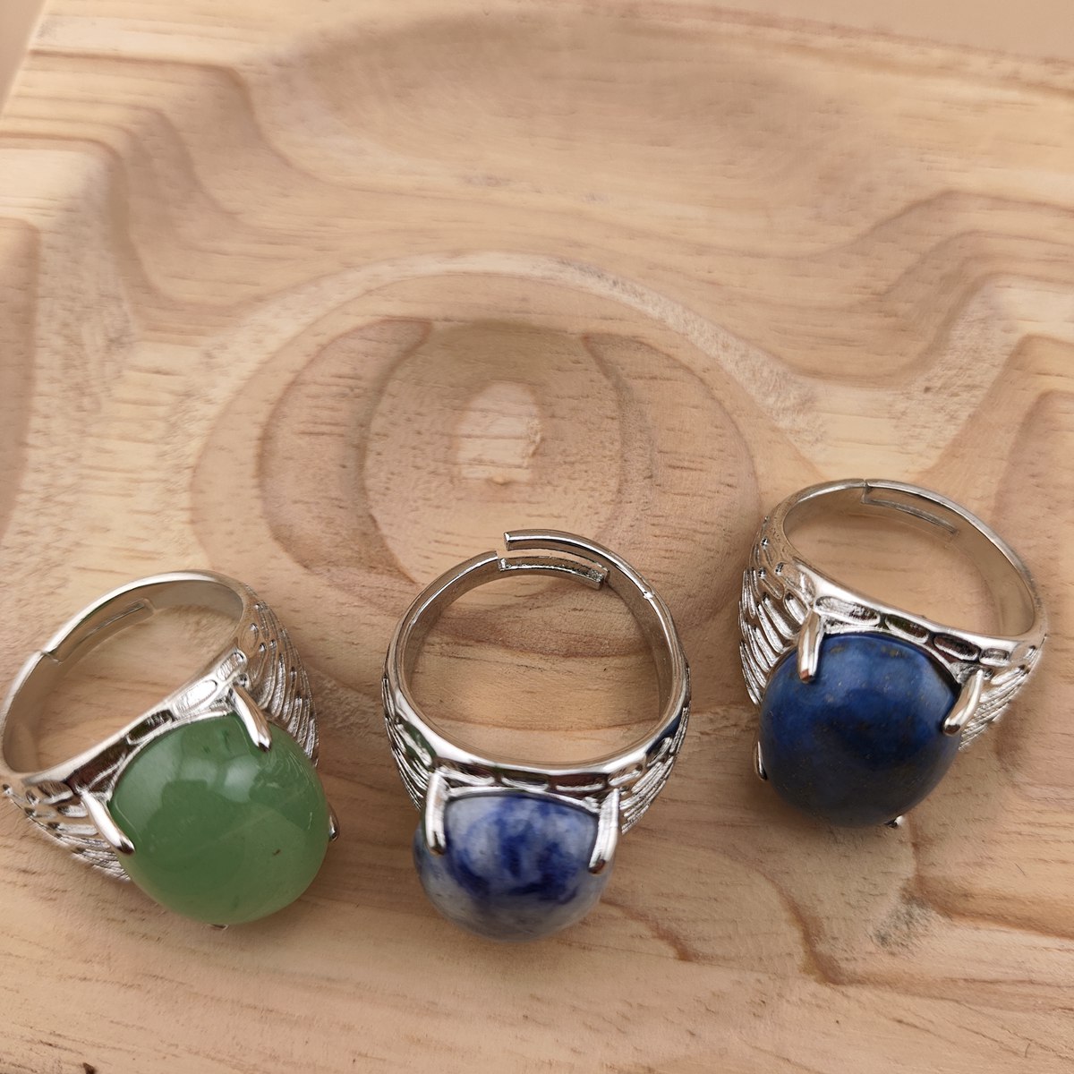 Silver Stone Rings for Women Men Adjustable 13x18MM Oval Gemstone CAB SR0183S