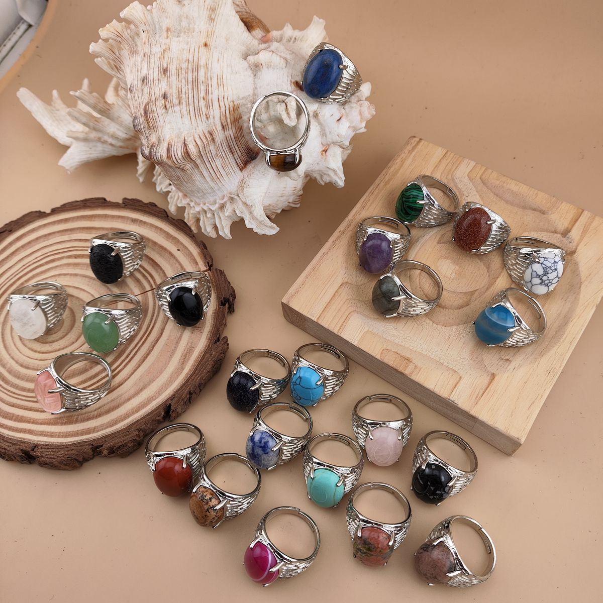 Silver Stone Rings for Women Men Adjustable 13x18MM Oval Gemstone CAB SR0183S