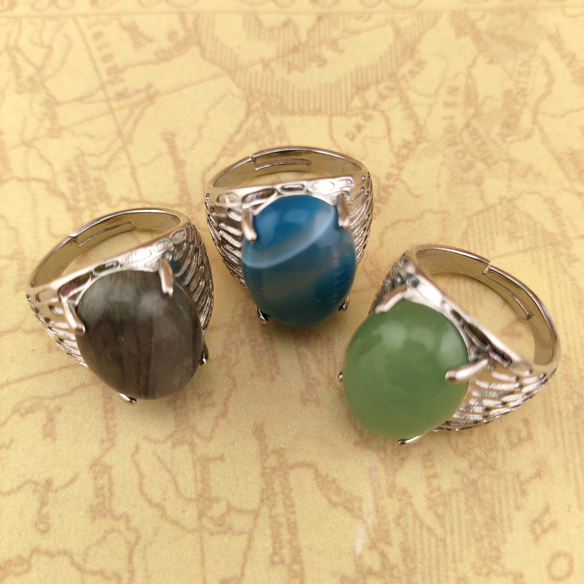 Silver Stone Rings for Women Men Adjustable 13x18MM Oval Gemstone CAB SR0183S