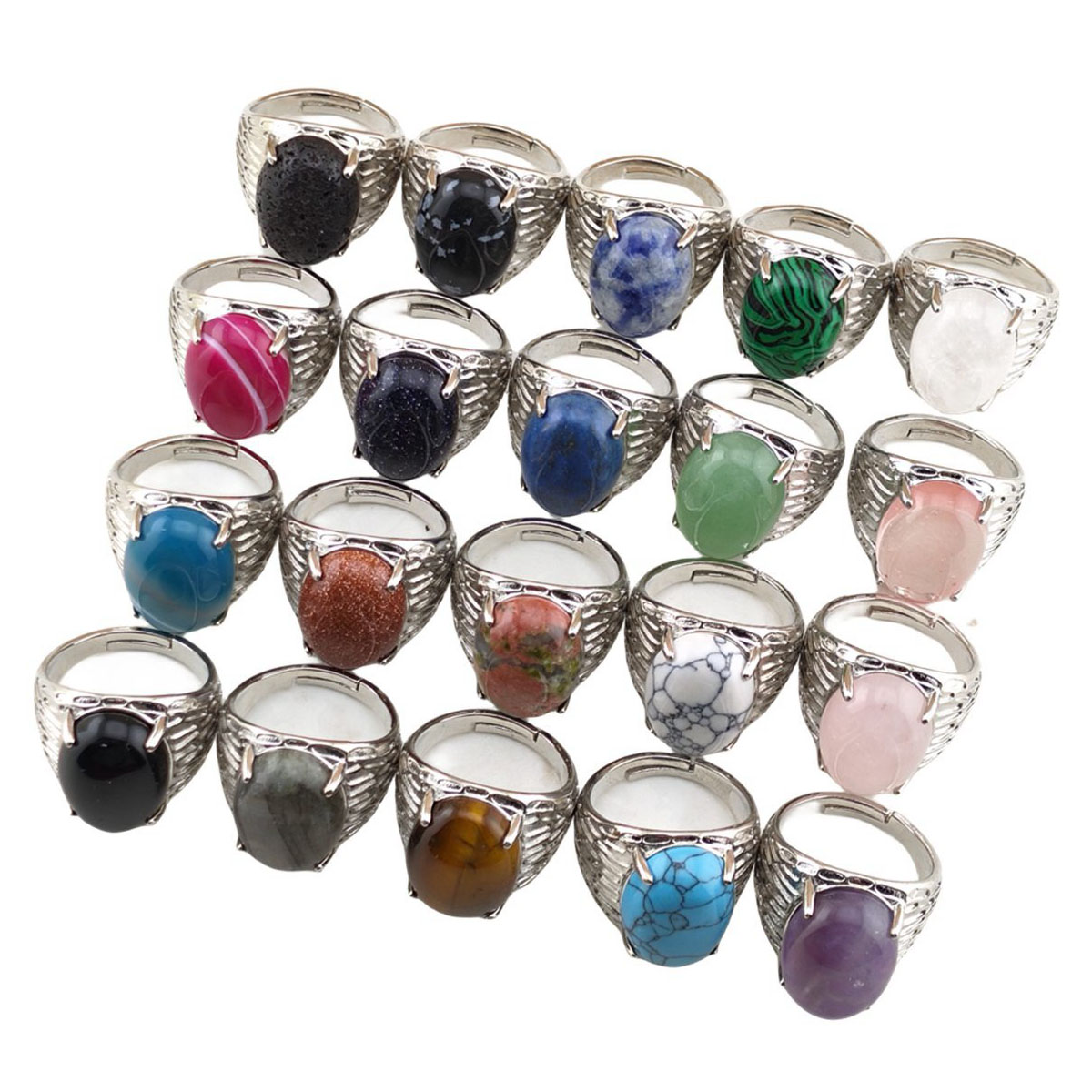 Silver Stone Rings for Women Men Adjustable 13x18MM Oval Gemstone CAB SR0183S