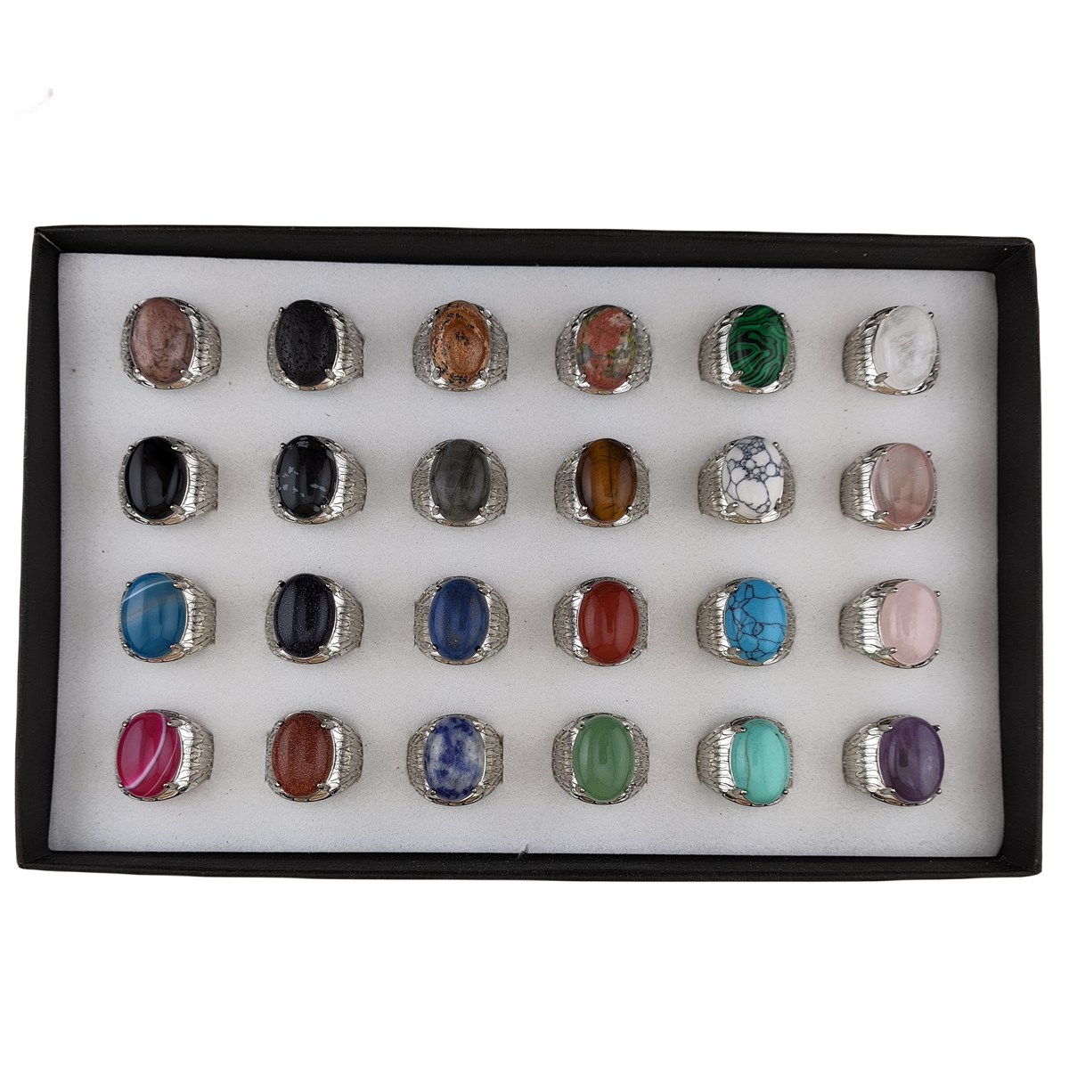 Silver Stone Rings for Women Men Adjustable 13x18MM Oval Gemstone CAB SR0183S