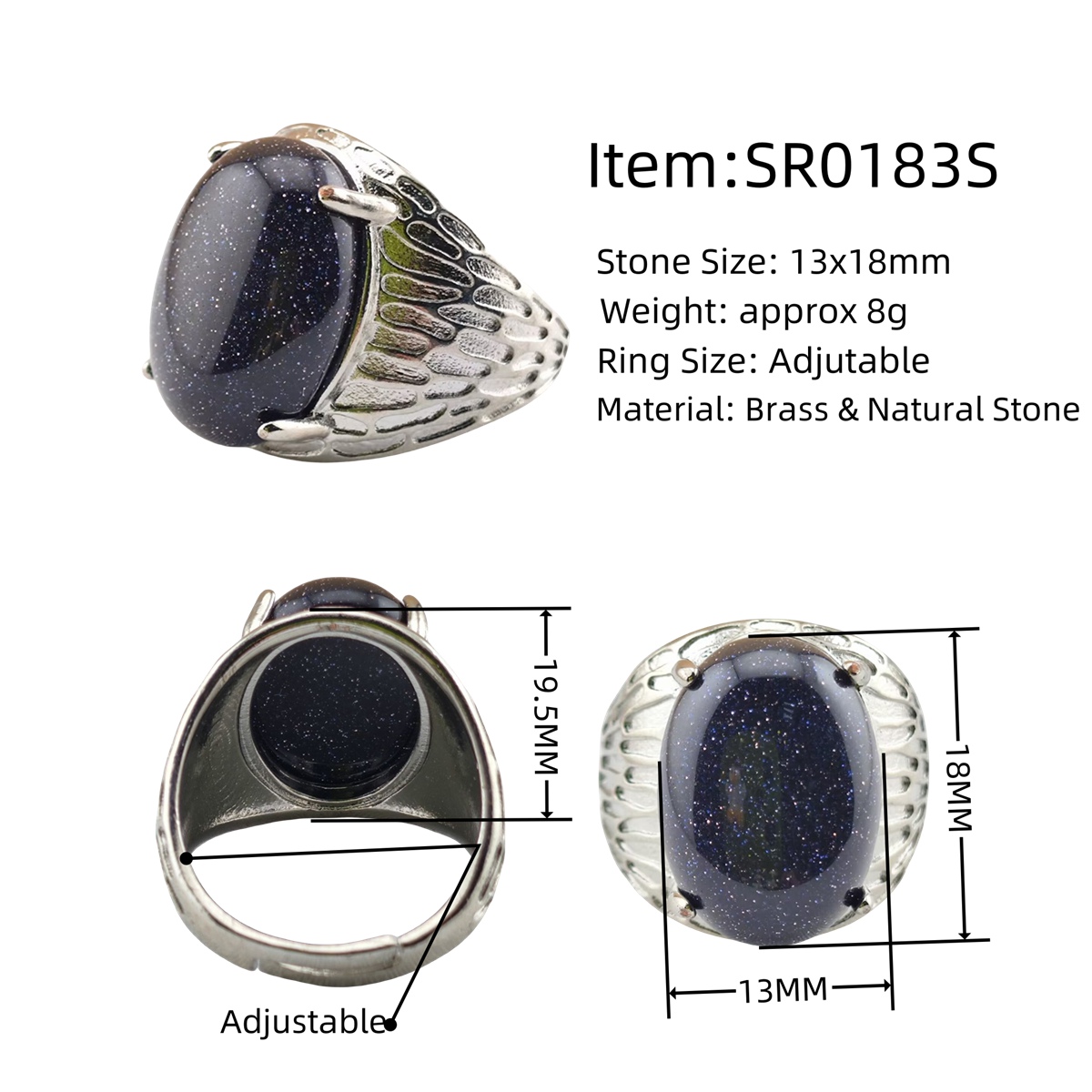 Silver Stone Rings for Women Men Adjustable 13x18MM Oval Gemstone CAB SR0183S