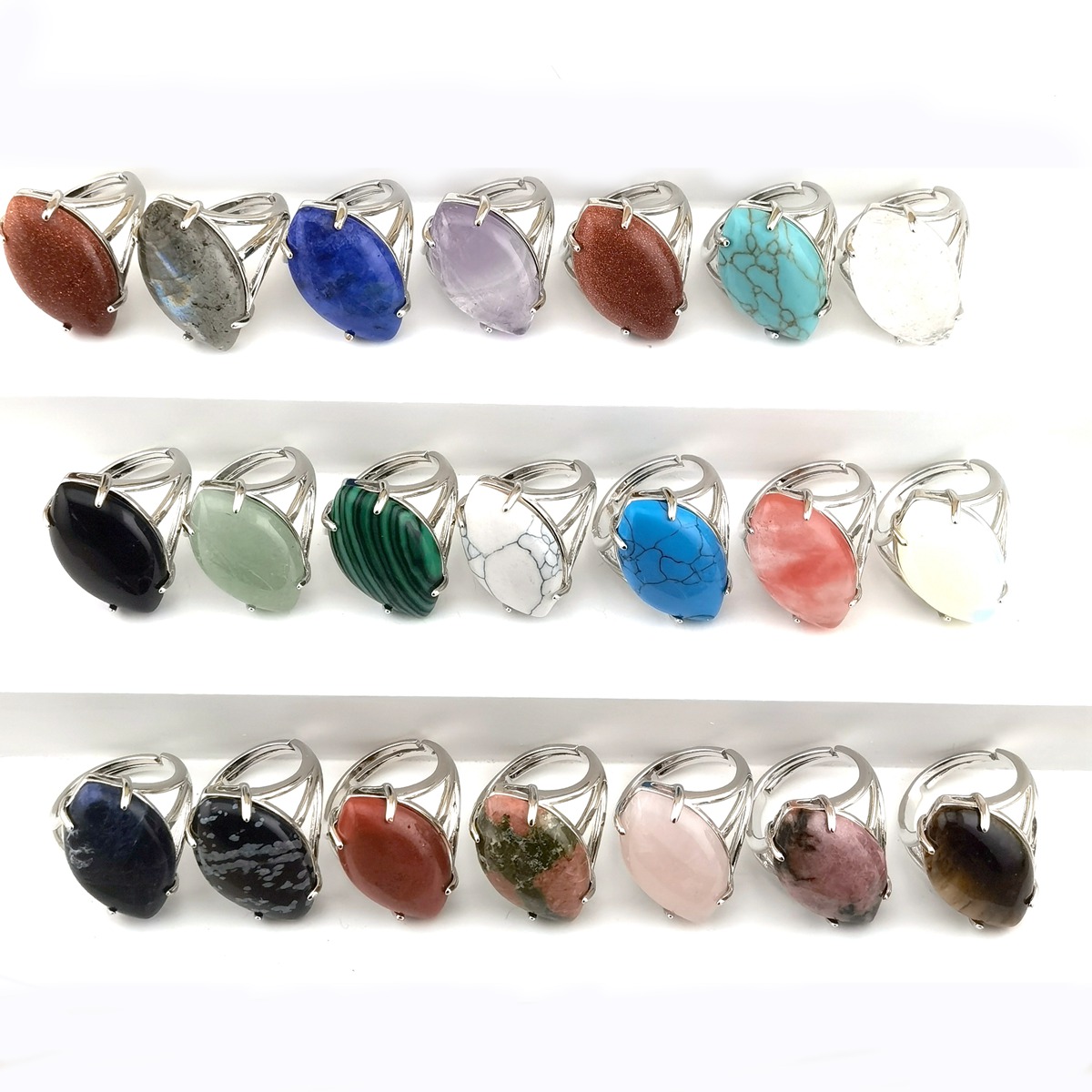 Silver Stone Rings for Women Men Adjustable 15X25MM Horse Eye Gemstone CAB SR0184S