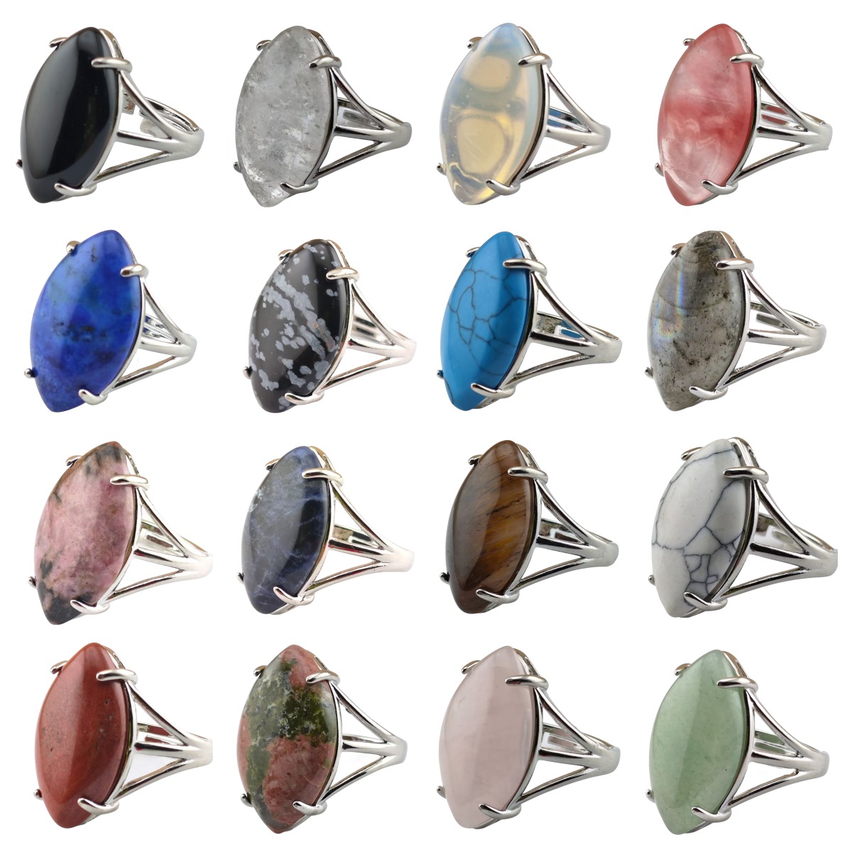 Silver Stone Rings for Women Men Adjustable 15X25MM Horse Eye Gemstone CAB SR0184S