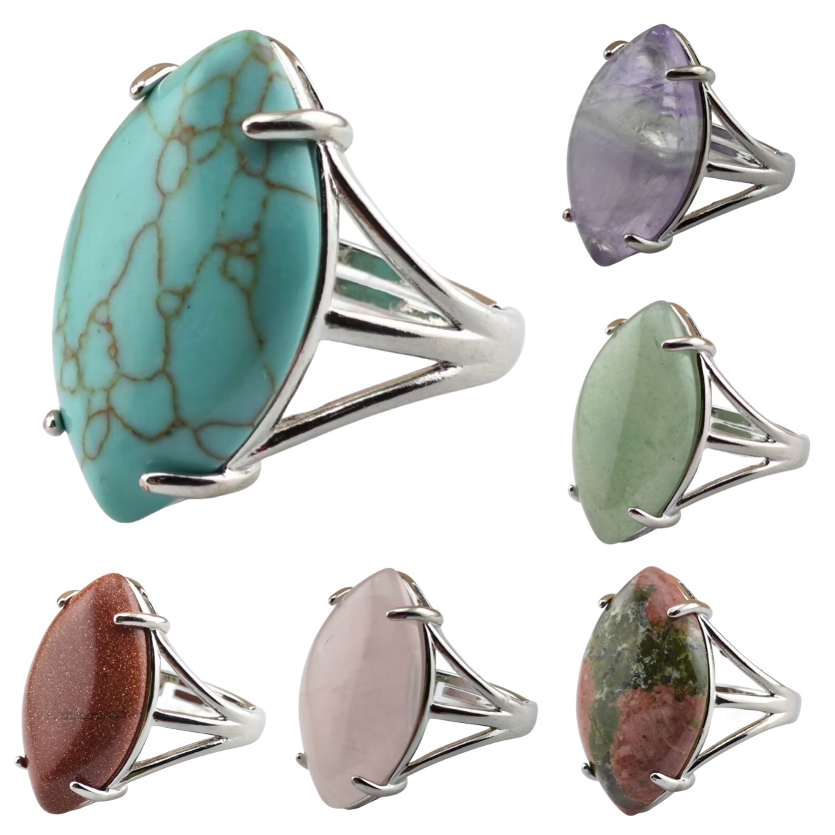 Silver Stone Rings for Women Men Adjustable 15X25MM Horse Eye Gemstone CAB SR0184S