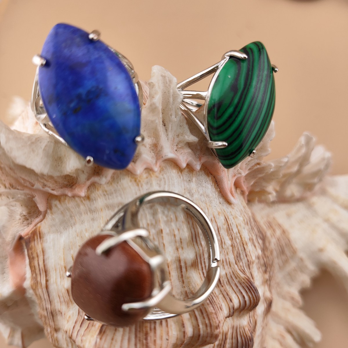 Silver Stone Rings for Women Men Adjustable 15X25MM Horse Eye Gemstone CAB SR0184S