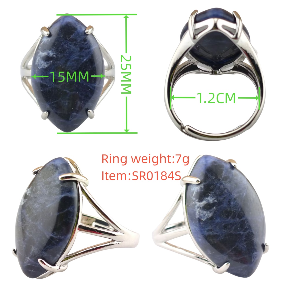 Silver Stone Rings for Women Men Adjustable 15X25MM Horse Eye Gemstone CAB SR0184S