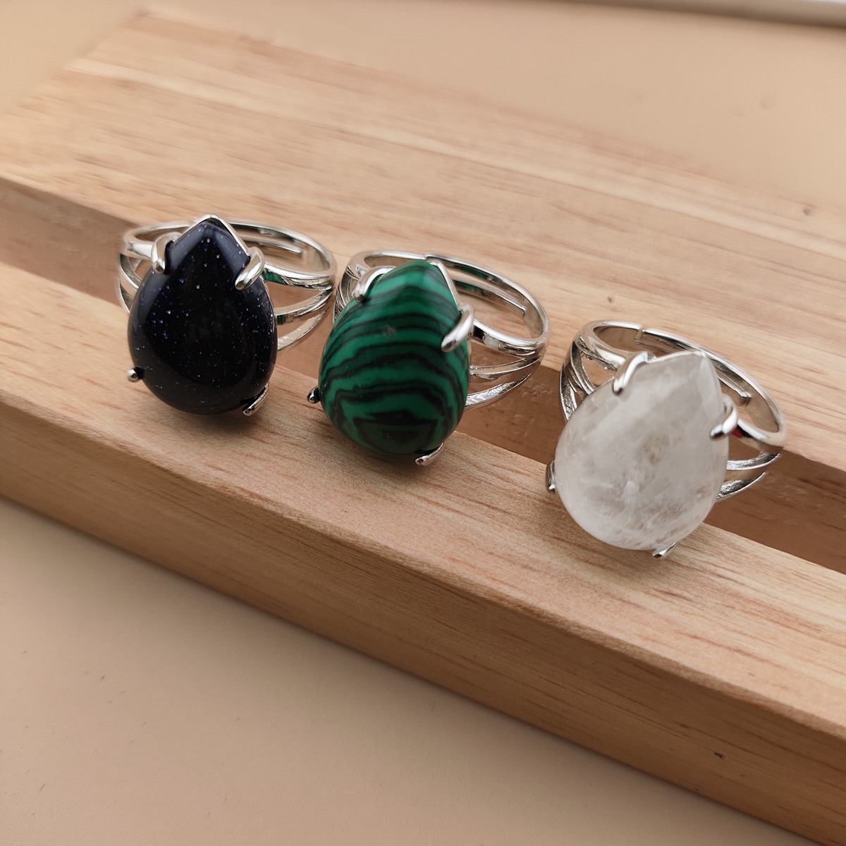 Silver Stone Rings for Women Men Adjustable 13x18MM Teardrop Gemstone Cabochons SR0185S