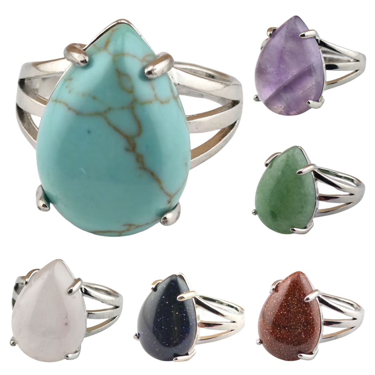 Silver Stone Rings for Women Men Adjustable 13x18MM Teardrop Gemstone Cabochons SR0185S