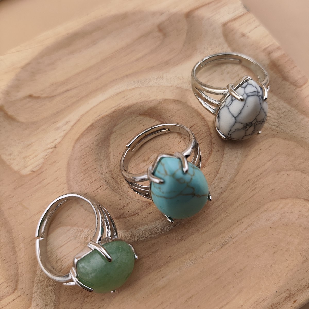 Silver Stone Rings for Women Men Adjustable 13x18MM Teardrop Gemstone Cabochons SR0185S