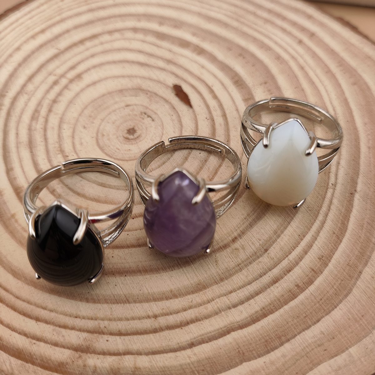 Silver Stone Rings for Women Men Adjustable 13x18MM Teardrop Gemstone Cabochons SR0185S