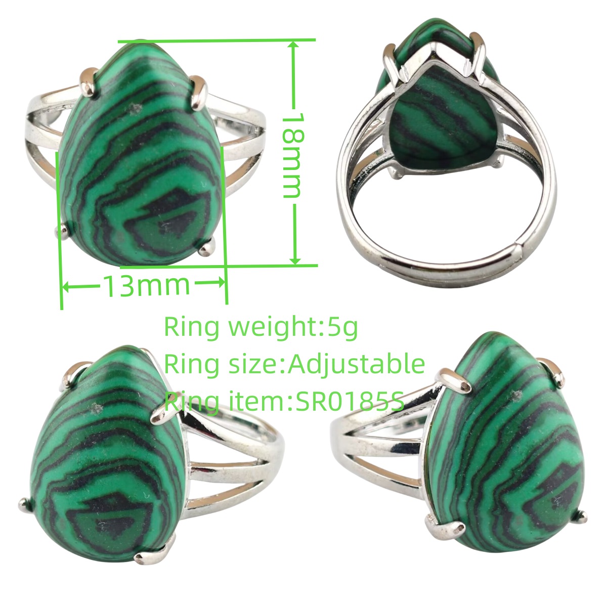 Silver Stone Rings for Women Men Adjustable 13x18MM Teardrop Gemstone Cabochons SR0185S